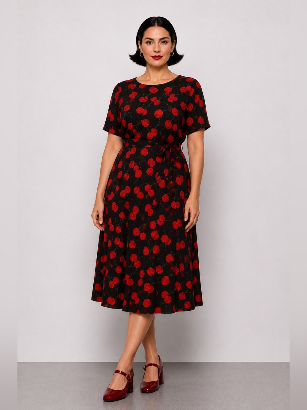 Red Cherry Print dress— Women's Elegant Tie-Waist. 42" bust. 16W - Picture 2 of 7